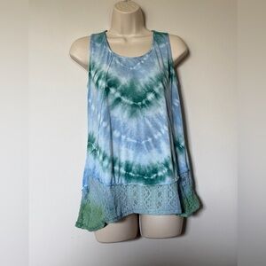 Tie-Dye Lace-Hem Scoop Neck Tank Top - Blue & Green